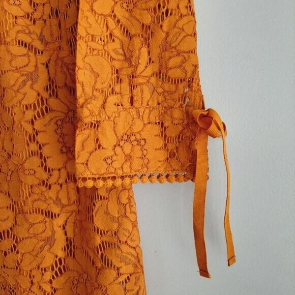 H&M / Floral Lace Pom-Pom Trim Long Sleeve Knee Length Dress Mustard Yellow Sz S - Picture 6 of 16